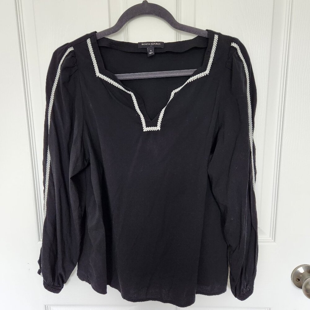 Banana Republic Black Long-Sleeve Boho Shirt Embroidery Detail